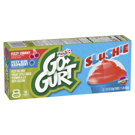 Yoplait Go-GURT 8 Count Slushie Blue Raspberry & Cherry Yogurt Tubes, front of product.